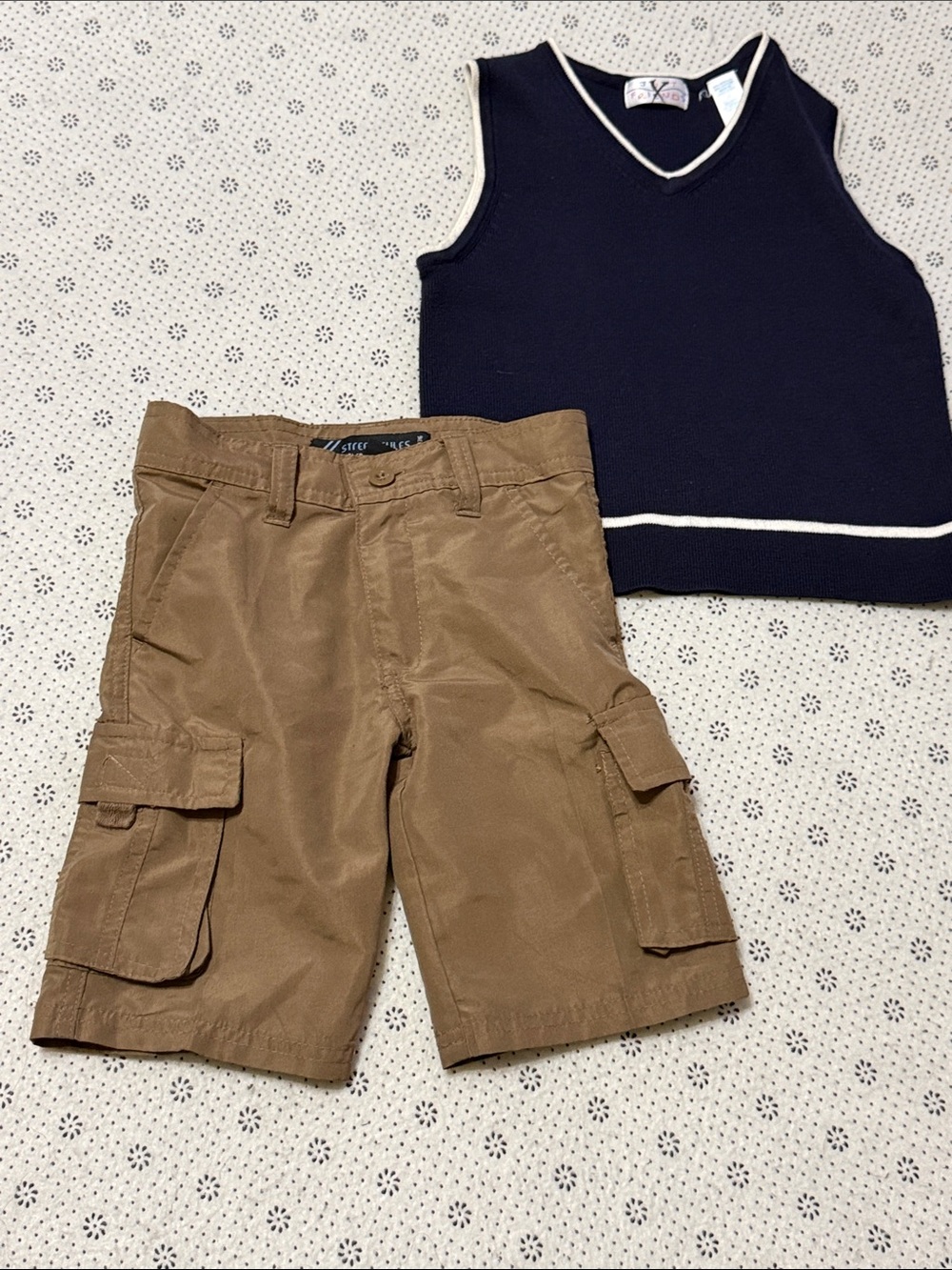 Boys Brown Cargo Shorts  Classic Pocket Utility Style  Navy Blue Sweater Vest